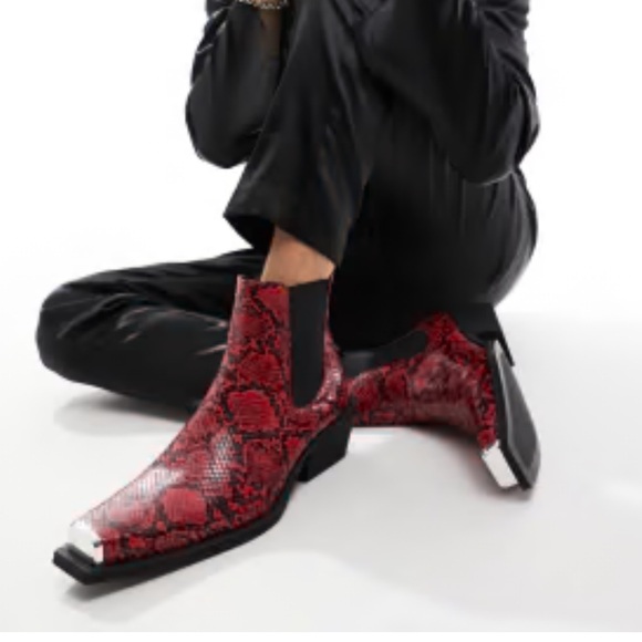 ASOS DESIGN cuban heeled boots in red faux snake skin Men’s Size 9 - Picture 16 of 16